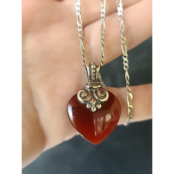 925 Sterling Silver Red Glass Scrolls Heart Shaped Pendant Necklace Vintage,READ - Picture 2 of 10